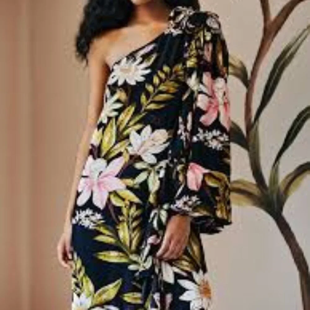 FARM RIO - Surreal Flowers One-Shoulder Crêpe de Chine Midi Dress - Black - XL - Picture 2 of 10